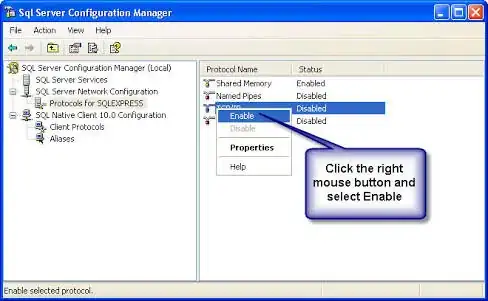 SQL Server configuration manager protocol configuration