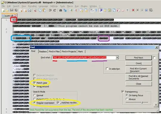 Notepad++ regex matching DOS and NT headers