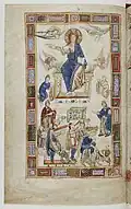 Circa 1125, Italy. Bottom, King David plays rotte; around him are a tabor (frame drum), horn or trumpet, and crwth or fiddle