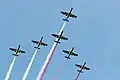Polish military aircraft flying in formation during a Polish Armed Forces Day parade