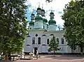 50°22′00″N 30°32′32″E﻿ / ﻿50.3668°N 30.5422°E﻿ / 50.3668; 30.5422 Holy Trinity hermitage church, Kytayiv. (1763–67). Note the stucco work above the door.
