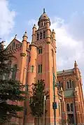 The tower. The statue of Our Lady on the cupola can be seen