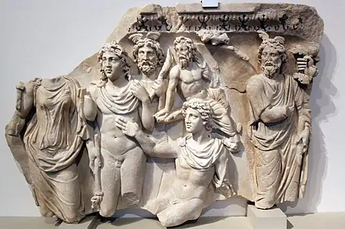 Selene and Endymion standing next to each other, sarcophagus fragment, end of 2nd century AD.