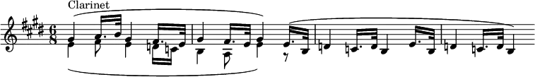 \new Staff <<
\new Voice \relative c'' {
\set Score.tempoHideNote = ##t \tempo 8 = 60
\key e \major
\time 6/8
\clef treble
\set Staff.midiInstrument = "clarinet"
\bar ""
\stemUp
gis4^(^\markup "Clarinet" a16. b32 gis4 fis16. e32
gis4 fis16. e32 gis4) e16.^( b32
d4 c16. d32 b4 e16. b32
d4 c16. d32 b4)
}
\new Voice \relative c' {
\tempo "Andante moderato"
\set Score.tempoHideNote = ##t \tempo 8 = 60
\key e \major
\time 6/8
\clef treble
\set Staff.midiInstrument = "clarinet"
\bar ""
\stemDown
e4_( fis8 e4 d16 c
b4 a8 e'4) r8
}
>>