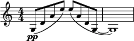 \relative c' { \clef treble \numericTimeSignature \time 4/4 g8(\pp d' a' e') e( a, d, g,~ | g1) }