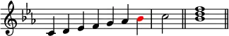 {
\override Score.TimeSignature #'stencil = ##f
\relative c' {
\clef treble \key c \minor
\time 7/4 c4 d es f g aes \once \override NoteHead.color = #red bes \time 2/4 c2 \bar "||"
\time 4/4 <bes d f>1 \bar "||"
} }