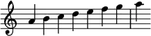 
{
\override Score.TimeSignature #'stencil = ##f
\relative c'' { 
  \clef treble 
  \time 7/4 a4 b c d e f g a
} }
