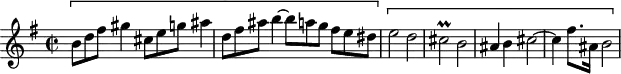 
\version "2.18.2"
\header {
  tagline = ##f
}

\score {
  \new Staff \with {

  }
<<
  \relative c'' {
    \key e \minor
    \time 2/2
    \set Staff.midiInstrument = #"harpsichord"

     %% CONTRE-SUJET fugue CBT II-8, BWV 876, mi mineur
    \[ \tuplet 3/2 { b8 d fis } gis4 \tuplet 3/2 { cis,8 e g } ais4 \tuplet 3/2 { d,8 fis ais } b4~ \tuplet 3/2 { b8 a g } \tuplet 3/2 { fis8[ e dis] } \] \[ e2 d cis\prall b ais4 b cis2~ cis4 fis8. ais,16 b2 ]
  }
>>
  \layout {
     \context { \Score \remove "Metronome_mark_engraver"
                \override SpacingSpanner.common-shortest-duration = #(ly:make-moment 1/2)
                \override TupletBracket.bracket-visibility = ##f
                \omit TupletNumber
     }
  }
  \midi {} 
}

