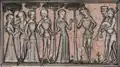 Dancing nobles wearing garments over pourpoint