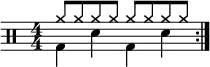 
\new Staff <<
 \new voice \relative c' {
 \clef percussion
 \numericTimeSignature
 \time 4/4
 \set Score.tempoHideNote = ##t \tempo 4 = 100
 \stemDown \repeat volta 2 { g4 d' g, d' }
 }
 \new voice \relative c'' {
 \override NoteHead.style = #'cross
 \stemUp \repeat volta 2 { a8 a a a a a a a }
 }
>>
