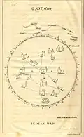 1557 map of a portion of Yucatan centered on the town of Mani. Uxmal is marked by a stylized Maya temple.