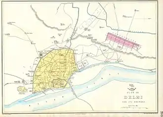 1863 map of Shahjahanabad (Old Delhi). Musjid Futtepoori is south of the Lahauri Gate, in the north.