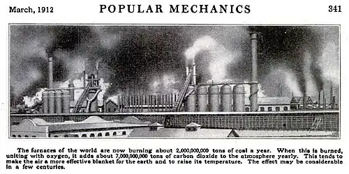 Image 5The impact of the greenhouse effect on climate was presented to the public early in the 20th century, as succinctly described in this 1912 Popular Mechanics article. (from History of climate change science)