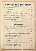 Back cover showing admission charges and transfers