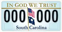 2008 South Carolina license plate with the state flag.