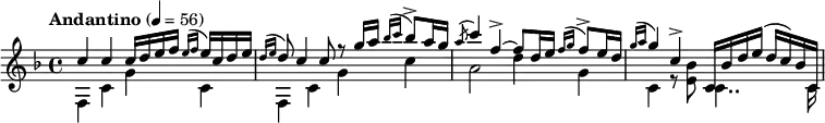 \relative c' \new Staff {
\key f \major \clef treble \tempo "Andantino" 4 = 56
\set Staff.midiInstrument = "guitar"
\time 4/4
<<
\new Voice = "melody"
{\voiceOne c'4 c c16 d e f \grace {(e f} e) c d e \grace {(d e} d8) c4 c8 r8 g'16 a \grace {(bes c} bes8->) a16 g \acciaccatura a8\glissando c4 f,-> ~ f8 d16 e \grace {(f g} f8->) e16 d \grace {(g a} g4) c,-> c,16 bes' d e (d c) bes c,
}
\new Voice = "bass"
{\voiceTwo f,4 c' g' c, f, c' g' c a2 d4 g, c, r8 <e bes'>8 c4.. c16}
>>
}