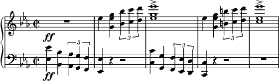 { \new PianoStaff <<
\new Staff \relative es'' { \set Staff.midiInstrument = #"piano" \key es \major \clef treble \time 2/2 \set Score.tempoHideNote = ##t \tempo 2 = 60
R1 \ff | % 2
es4 <g, es' g>4 \times 2/3 {
<bes bes'>4 <c c'>4 <d d'>4
}
| % 3
<es g es'>1 -> | % 4
es4 <g, es' g>4 \times 2/3 {
<b b'>4 <c c'>4 <d d'>4
}
| % 5
<c es es'>1 ->
}
\new Staff \relative es { \set Staff.midiInstrument = #"piano" \key es \major \clef bass \time 2/2
<es es'>4 \ff <bes bes'>4
\times 2/3 {
<as as'>4 <g g'>4 <f f'>4
}
| % 2
<es es'>4 r4 r2 | % 3
<c' c'>4 <g g'>4 \times 2/3 {
<f f'>4 <es es'>4 <d d'>4
}
| % 4
<c c'>4 r4 r2 | % 5
R1 }
>> }