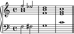\new PianoStaff <<
\new Staff <<
\new Voice \relative c'' {
\stemUp \clef treble \key c \major \time 4/4
f2 es d1 c
}
\new Voice \relative c'' {
\stemDown
<a c>1 <f b> <e g>
}
>>
\new Staff <<
\new Voice \relative c {
\clef bass \key c \major \time 4/4
f2 fis g1 c \bar "||"
}
>>
>>