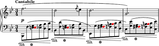 
    {
      \new PianoStaff <<
        \new Staff <<
            \new Voice \relative c'' {
                \tempo "Cantabile"
                \clef treble \key bes \major \time 3/4
                \override DynamicLineSpanner.staff-padding = #2.5
                f2.\p( d2 \acciaccatura { f8 } es4 d2. g,2.)
                }
            >>
        \new Staff <<
            \new Voice \relative c {
                \clef bass \key bes \major \time 3/4
                \override NoteHead.color = #red \hide Stem s4 e8 s4.
                s4 e8 s4.
                s4 fis8 b s4
                s4 fis8 b s4
                }
            \new Voice \relative c, {
                \clef bass \key bes \major \time 3/4
                bes8\<\sustainOn_[ f''^( <e g>\sustainOff <es a> <d bes'> <c c'>]\!
                bes8\<\sustainOn_[) <f' d'>^( <e g>\sustainOff <es a> <d bes'> bes]\!
                es,8\<\sustainOn_[) g'^( <fis a>\sustainOff <f b> <es c'> <d d'>]\!
                c8\<\sustainOn_[) <g' es'>^( <fis a>\sustainOff <f b> <es c'> <c es'>])\!
                }
            >>
    >> }
