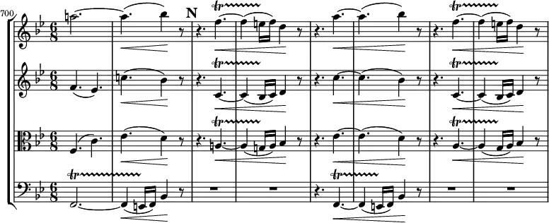 {
#(set-global-staff-size 19)
<< \new StaffGroup <<
\new Staff <<
\set Score.currentBarNumber = #700
\clef treble \key bes \major \time 6/8
\bar ""
\relative c''' {
\clef treble \key bes \major \time 4/4
a!2.~ a4.(\< bes4)\! r8
\mark #13
r4. f4.~\<\startTrillSpan f4( e16\stopTrillSpan f) d4\! r8
r4. a'~\< a( bes4)\! r8
r4. f4.~\<\startTrillSpan f4( e16\stopTrillSpan f) d4\! r8
}
>>
\new Staff <<
\clef treble \key bes \major \time 6/8
\new Voice \relative c' {
f4.( es) c'!\<( bes4\!) r8
r4. c,~\<\startTrillSpan c4( bes16\stopTrillSpan c) d4\! r8
r4. c'~\< c( bes4\!) r8
r4. c,~\<\startTrillSpan c4( bes16\stopTrillSpan c) d4\! r8
}
>>
\new Staff <<
\clef alto \key bes \major \time 6/8
\new Voice \relative c {
f4.( c') es(\< d4)\! r8
r4. a!~\<\startTrillSpan a4( g!16\stopTrillSpan a) bes4\! r8
r4. es~\< es( d4)\! r8
r4. a~\<\startTrillSpan a4( g16\stopTrillSpan a) bes4\! r8
}
>>
\new Staff <<
\clef bass \key bes \major \time 6/8
\new Voice \relative c, {
f2.~\startTrillSpan f4(\< e16\stopTrillSpan f) bes4\! r8
R2. R
r4. f~\<\startTrillSpan f4( e16\stopTrillSpan f) bes4\! r8
R2. R
}
>>
>>
>> }