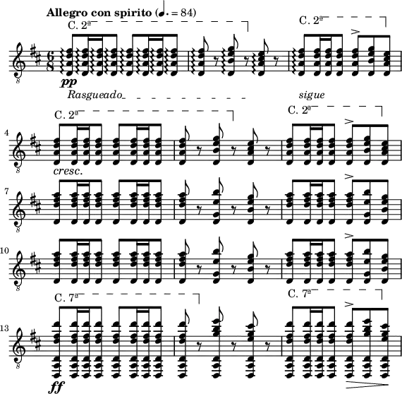 \header {
tagline = ""
}
foo = <<
\relative c \new Staff {
\key d \major \time 6/8 \clef "treble_8"
\set Staff.midiInstrument = "acoustic guitar (nylon)"
\tempo "Allegro con spirito" 4. = 84
\override TextSpanner #'dash-fraction = #'()
\override TextSpanner #'font-shape = #'upright
\override TextSpanner #'(bound-details left text) = \markup { "C. 2ª" }
\override TextSpanner #'(bound-details right text) = \markup { \draw-line #'(0 . -2) }
\override TextSpanner #'(bound-details right padding) = #-3
\override TextSpanner #'(bound-details left stencil-align-dir-y) = #0.8
\stemUp
<d a' d fis>8\arpeggio\pp \startTextSpan q16\arpeggio q\arpeggio q8\arpeggio q\arpeggio q16\arpeggio q\arpeggio q8\arpeggio |
q\arpeggio r <d b' e g>\arpeggio \stopTextSpan r <d a' cis e>\arpeggio r |
<d a' d fis>\arpeggio \startTextSpan q16 q q8 q^> <d b' e g> \stopTextSpan <d a' cis e> |
\override DynamicTextSpanner #'dash-period = #-1.0
<d a' d fis>8\cresc \startTextSpan q16 q q8 q q16 q q8 |
q r <d b' e g> \stopTextSpan r <d a' cis e> r |
<d a' d fis> \startTextSpan q16 q q8 q^> <d b' e g> \stopTextSpan <d a' cis e> |
\break
\repeat unfold 2 {
<d d' fis a>8 q16 q q8 q q16 q q8 | q r <d g e' b'> r <d b' e g> r | <d d' fis a> q16 q q8 q^> <d g e' b'> <d b' e g> |
}
\break
\override TextSpanner #'(bound-details left text) = \markup { "C. 7ª" }
<d, a' d d' fis d'>\ff \startTextSpan q16 q q8 q q16 q q8 |
q \stopTextSpan r <d a' d g' b e> r <d a' d e' g cis> r |
<d a' d d' fis d'> \startTextSpan q16 q q8 q^>\> <d a' d g' b e> \stopTextSpan <d a' d e' g cis>\! |
}
\new Dynamics {
\override TextSpanner #'(bound-details left-broken text) = ##f
\override TextSpanner #'(bound-details right-broken text) = ##f
\override TextSpanner #'(bound-details left text) = \markup { "Rasgueado" }
s2.\startTextSpan | s4. s \stopTextSpan |
\override TextSpanner #'(bound-details left text) = \markup { "sigue" }
\override TextSpanner #'dash-period = #-1.0
s2. \startTextSpan | s s
s s s
s s s \stopTextSpan
}
>>
\score {
\foo
\layout {
% ragged-last = ##t
indent = 0\cm
line-width = #140
}
}
\score {
\unfoldRepeats
\foo
\midi { }
}