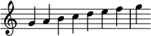
{
\override Score.TimeSignature #'stencil = ##f
\relative c'' { 
  \clef treble 
  \time 7/4 g4 a b c d e f g
} }
