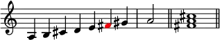 
{
\override Score.TimeSignature #'stencil = ##f
\relative a {
  \clef treble
  \time 7/4 a4 b cis d e \once \override NoteHead.color = #red fis gis \time 2/4 a2 \bar "||"
  \time 4/4 <fis a cis>1 \bar "||"
} }
