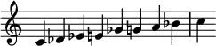 {
\override Score.TimeSignature #'stencil = ##f
\relative c' {
\clef treble \key c \major \time 8/4 c des ees e ges g a bes c
} }