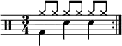 
\new Staff <<
 \new voice \relative c' {
 \clef percussion
 \numericTimeSignature
 \time 3/4
 \set Score.tempoHideNote = ##t \tempo 4 = 100
 \stemDown \repeat volta 2 { g4 d' d }
 }
 \new voice \relative c'' {
 \override NoteHead.style = #'cross
 \stemUp \repeat volta 2 { a8[ a] a[ a] a[ a] }
 }
>>
