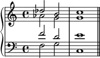 \new PianoStaff <<
\new Staff <<
\new Voice \relative c'' {
\stemUp \clef treble \key c \major \time 4/4
des2 b c1
}
\new Voice \relative c'' {
\stemDown
aes2 g g1
}
>>
\new Staff <<
\new Voice \relative c' {
\stemUp \clef bass \key c \major \time 4/4
f2 d e1
}
\new Voice \relative c' {
\stemDown
f,2 g c,1 \bar "||"
}
>>
>>