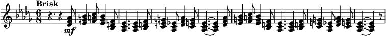 \new Staff {
\key des \major
\time 6/8
\clef treble
\set Staff.midiInstrument = #"trumpet"
\tempo Brisk 4. = 116
\set Score.tempoHideNote = ##t
|
r4.
r4
<<des'8 f'\mf aes'>>
|
<<ees'4 g' bes'>>
<<f'8 a' c''>>
<<ees'4 g' bes'>>
<<bes8 d' f'>>
|
<<aes4. c' ees'>>
<<aes4 c' ees'>>
<<bes8 d' f'>>
|
<<c'4 e' g'>>
<<aes8 c' ees'>>
<<des'4 f' aes'>>
<<c'8 e' g'>>
|
<<aes4.~ c'~ ees'~>>
<<aes4 c' ees'>>
<<des'8 f' aes'>>
|
<<ees'4 g' bes'>>
<<f'8 a' c''>>
<<ees'4 g' bes'>>
<<bes8 d' f'>>
|
<<aes4. c' ees'>>
<<aes4 c' ees'>>
<<bes8 d' f'>>
|
<<c'4 e' g'>>
<<aes8 c' ees'>>
<<des'4 f' aes'>>
<<c'8 e' g'>>
|
<<aes4.~ c'~ ees'~>>
<<aes4 c' ees'>>
r8
}
