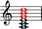 {
\override Score.TimeSignature #'stencil = ##f
\new Staff <<
\new Voice \relative c' {
\clef treble
\time 4/4
\key a \minor
\voiceOne
<a c e>1
}
\new Voice \relative c'' {
\clef treble
\time 4/4
\key c \major
\voiceOne
\override NoteHead.color = #red
<g b d>1
}
>>
}