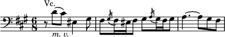{ \relative d' { \key fis \minor \time 6/8 \clef "bass"
r8 ^"Vc." d( _\markup { \italic "m. v." } cis) eis,4 gis8 |
fis \acciaccatura gis16 fis eis fis8 gis \acciaccatura a16 gis fis gis8 | a4.~ a8 gis fis}}