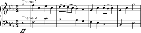 { \new PianoStaff << \new Staff \relative c''' { \tempo "" \tempo 2 = 126 \clef treble \key ees \major \numericTimeSignature \time 2/2 \partial 2*1 g2^"Theme 1" | f4 c ees c | d8( ees d c bes4) aes | g c c8( bes c4) | g c g'2} \new Staff \relative c { \clef bass \key ees \major \numericTimeSignature \time 2/2 ees2\ff^"Theme 2" | f c' | bes aes4 g | f ees c2 | bes ees} >> }