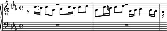 
{
      <<
      \new PianoStaff <<
        \new Staff <<
           \clef treble \key c \minor \time 4/4
           \set Score.tempoHideNote = ##t
           \tempo 4 = 80
           \new Voice \relative c'' {
                \voiceOne R1 | R1 |
                }
           \new Voice \relative c'' {
                \voiceTwo r8 c16 b c8 g as c16 b c8 d |
                g,8 c16 b c8 d f,16 g as4 g16 f |
                es16
                }
            >>
        \new Staff <<
           \clef bass \key c \minor \time 4/4
           \new Voice \relative c' {
                R1 | R1 | s16
                }
            >> >>
    >>  }
