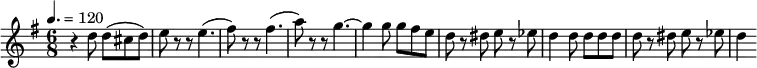 \relative c'' {
\set Staff.midiInstrument = #"piano"
\tempo 4. = 120
\key g \major
\time 6/8
r4 d8 d( cis d) | e r8 r8 e4.( | fis8) r8 r8 fis4.( | a8) r8 r8 g4. ~ g4 g8 g fis e | d8 r8 dis8 e r8 es8 | d4 d8 d d d | d8 r8 dis8 e r8 es | d4
}