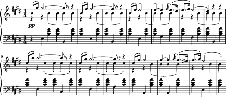 \relative b' {
\new PianoStaff <<
\new Staff { \key cis \minor \time 3/4
<<
{
b8( gis') gis2.~ gis8 r r4 b,8( fis') fis2.~ fis8 r r4 b,8( e) e2-- e4--~ e4 \slashedGrace fis8( e8.)( dis16 e8. fis16) e2( dis4) r r cis8( a') a2.~ a8 r r4 cis,8( gis') gis2.~ gis8 r r4 cis,8( fis) fis2-- fis4--~ fis4 \slashedGrace gis8( fis8.)( eis16 fis8. gis16) e2( b4-.)
}
\\
{
r4 r b4-.( b-. b-. b-.) r4 r b4-.( b-. b-. b-.) r r b4-.( b-. b-. b-.) r r b4-.( b-. b-. b-.) r r cis4-.( cis-. cis-. cis-.) r4 r cis4-.( cis-. cis-. cis-.) r4 r b4-.( b-. b-. b-.) r4 r b4-. b-.
}
>>
}
\new Dynamics {
s4\pp
}
\new Staff { \key cis \minor \time 3/4 \clef bass
r e,, <b' e gis> <b e gis> b, <b' e gis> <b e gis> e, <b' e gis> <b e gis> b, <b' e gis> <b e gis> e, <b' e gis> <b e gis> gis <b e gis> <b e gis> fis <b e a> <b dis a'> b, <b' dis a'> <b dis a'> fis <cis' fis a> <cis fis a> cis, <cis' fis a> <cis fis a> fis, <cis' fis a> <cis fis a> a <cis fis a> <cis fis a> b, <b' dis a'> <b dis a'> b, <b' dis a'> <b dis a'> e, <b' e gis> <b e gis>
}
>>
}