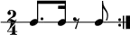 
\new RhythmicStaff {
   \clef percussion
   \time 2/4 \set Staff.midiInstrument = #"woodblock"
   \repeat volta 2 { c8. c16 r8 c }
}
