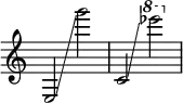  { \override Score.TimeSignature #'stencil = ##f  e2 \glissando g'''2  c'2 \glissando  \ottava #1 es''''2 } 