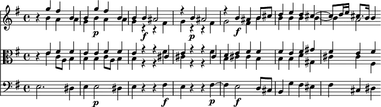 << <<
\new Staff { \clef treble \time 4/4 \key e \minor
\set Staff.midiInstrument = "violin" \set Score.tempoHideNote = ##t
\relative c'' {
r4 << { g'4 fis b, | b g'\p fis b, | b b\f ais2 | r4 b\p ais2 |
r4 b\f ais b8 cis | d4 e d cis~ | cis8 d16 e cis8. b16 b4 } \\
{ \omit Voice.DynamicText
b4 a a | g b\p a a | g r r fis\f | g r r fis\p |
g2 fis4\f b | b b b b~ | b a2
\undo \omit Voice.DynamicText } >>
}
}
\new Staff { \clef alto \key e \minor
\set Staff.midiInstrument = "viola"
\relative c' {
\omit Staff.DynamicText
r4 << { e fis fis | e e\p fis fis | e r r cis\f | e r r cis\p |
d e\f fis fis | fis e fis gis | fis e fis } \\
{ e4 c8 a b4 | b b\p c8 a b4 | b r r fis'\f | cis r r fis\p |
b,cis\f cis b | b b d gis, | cis cis fis, } >>
\undo \omit Staff.DynamicText
}
}
\new Staff { \clef bass \key e \minor
\set Staff.midiInstrument = "cello"
\relative c {
e2. dis4 | e4 e2\p dis4 | e r r fis\f | e r r fis~\p |
fis e2\f d8 cis | b4 g' fis eis | fis cis dis
}
}
>> >>
\layout { indent = #0 }
\midi { \tempo 4 = 56 }