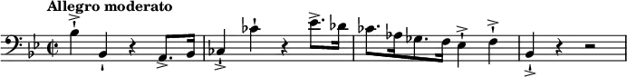 \relative c' {
\new Staff {
\set Staff.midiInstrument = #"piano" \key bes \major \clef bass \time 2/2 \set Score.tempoHideNote = ##t \tempo "Allegro moderato" 4 = 120
bes4 -! -> bes,4 -! r4 a8. -> bes16 |
ces4 -! -> ces'4 -! r4 es8. -> des16 |
ces8. as16 ges8. f16 es4 -! -> f4 -! -> |
bes,4 -! -> r4 r2 |
}
}