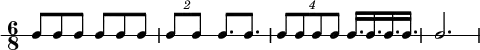  \new RhythmicStaff {
   \clef percussion
   \time 6/8
   \set Score.tempoHideNote = ##t \tempo 4 = 100
   c8 c c c c c
   \tuplet 2/3 { c8 c } c8. c
   \tuplet 4/3 { c8 c c c } c16. c c c
   c2.
}
