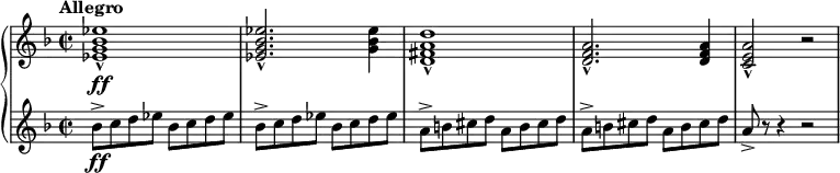 \relative c' {
\new PianoStaff <<
\new Staff {
\set Staff.midiInstrument = #"piano" \key d \minor \clef treble \time 2/2 \set Score.tempoHideNote = ##t \tempo "Allegro" 2 = 110
<es g bes es>1 \ff _^ |
<es g bes es>2. _^ <g bes es>4 |
<d fis a d>1 _^ |
<d f a>2. _^ <d f a>4 |
<c e a>2 _^ r2 |
}
\new Staff {
\set Staff.midiInstrument = #"piano" \key d \minor \clef treble \time 2/2
bes'8 -> \ff c8 d8 es8 bes8 c8 d8 es8 |
bes8 -> c8 d8 es8 bes8 c8 d8 es8 |
a,8 -> b8 cis8 d8 a8 b8 cis8 d8 |
a8 -> b8 cis8 d8 a8 b8 cis8 d8 |
a8 -> r8 r4 r2 |
}
>>
}