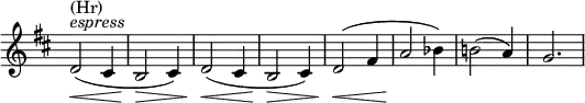 \relative c' \new Staff \with { \remove "Time_signature_engraver" } {
\key d \major \time 3/4
d2^\markup { \italic espress } ^\markup (Hr) \<( cis4 b2\> cis4) d2\<( cis4 b2\> cis4) d2\<( fis4 a2\! bes4) b!2( a4) g2.
}