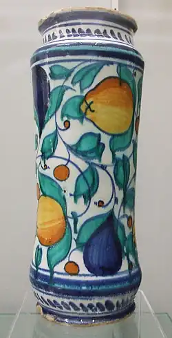 Decorated with an Italian motif known as "a frutti" or decorated with fruits. Manufactured in the 16th century. Located in the Burrell Collection.