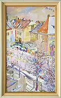 View of street in Hambach, 1955, Oil, ca. 62x35 cm