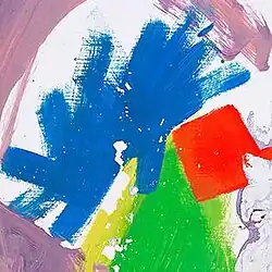 An abstract multi-coloured painting.