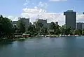 On the right the IZD Tower, on the left the buildings of the UNO City