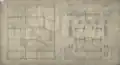 Scanned architectural drawing of one side of the building; the interior on the left, exterior on the right