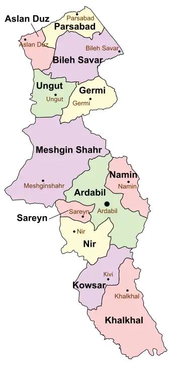 Location of Ardabil County in&nbsp;Ardabil&nbsp;province (center, green)